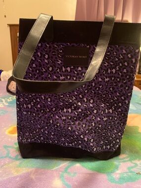 Victoria's Secret Purple Leopard Print Tote with Black Trim